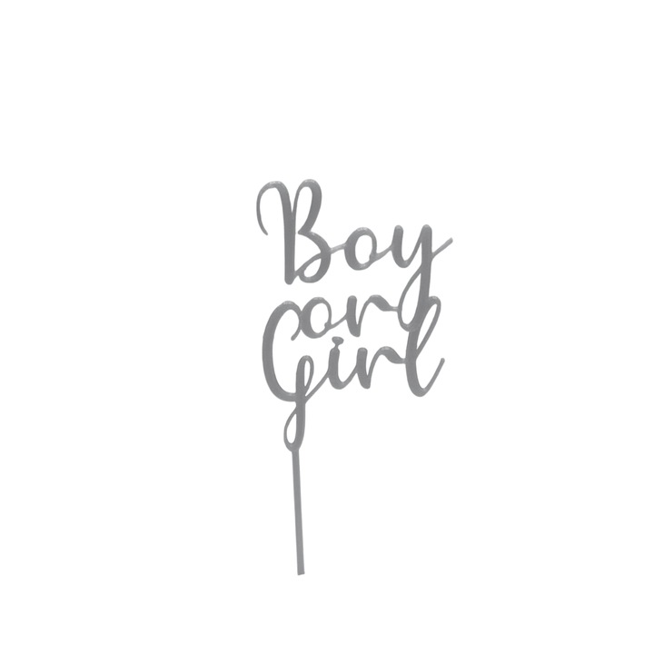 Decoratiune topper tort "Boy or Girl" Gender reveal, Argintiu, 11.5 cm