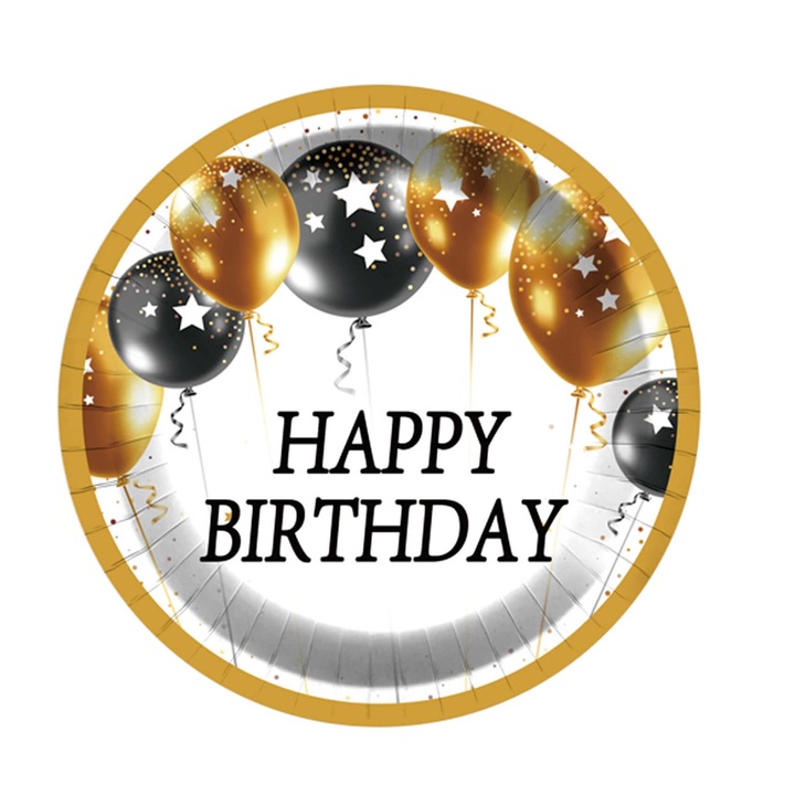 8db-os gyerek party tányér készlet, Csillagok, Aranysárga, Boldog születésnapot, 18 cm