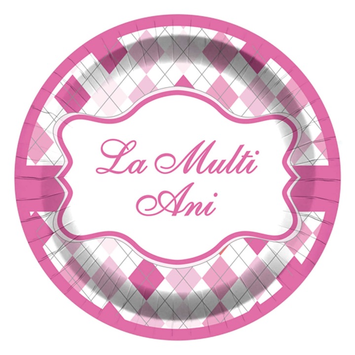 Set 8 farfurii petrecere copii, Roz lila, La multi ani, 18 cm