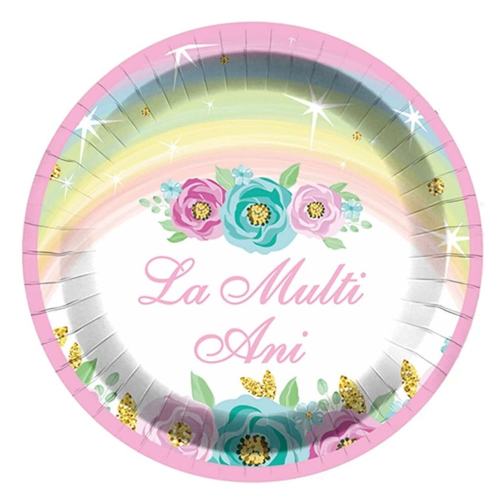Set 8 farfurii petrecere copii, Rainbow Pastel, la multi ani, 18 cm
