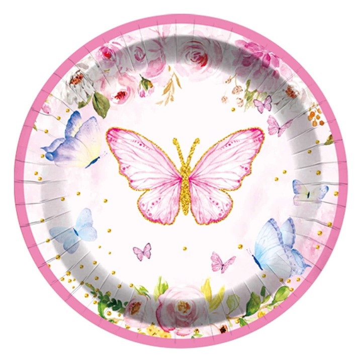 Set 8 farfurii petrecere copii, Roz garoafa, fluture, 18 cm