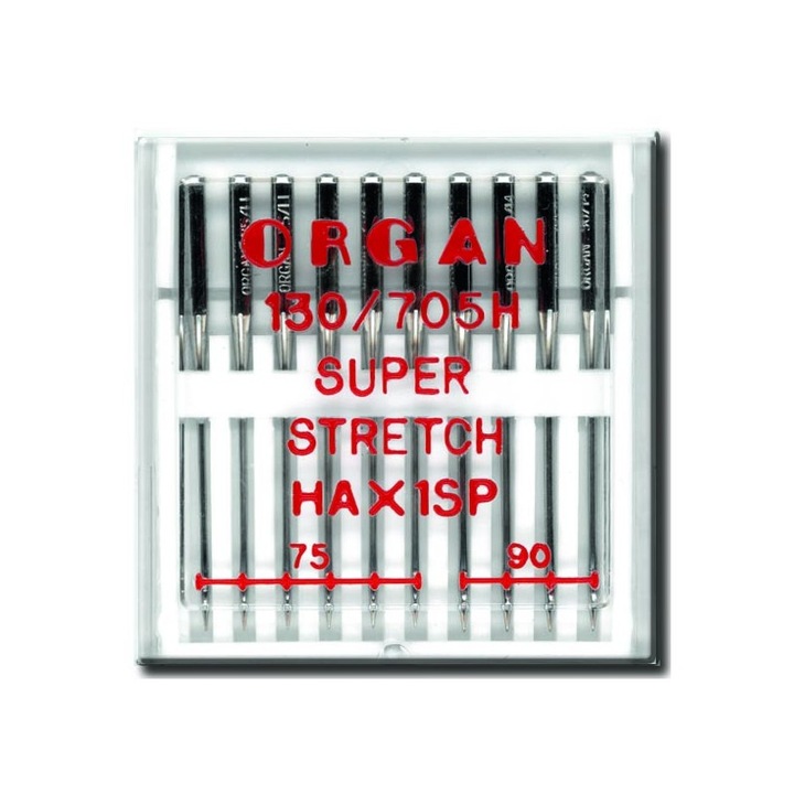 10 db-os tűkészlet Organ Super Stretch elasztikus anyagokhoz, háztartási varrógépekhez tűrendszer 130/705H, finomság 75-90 között