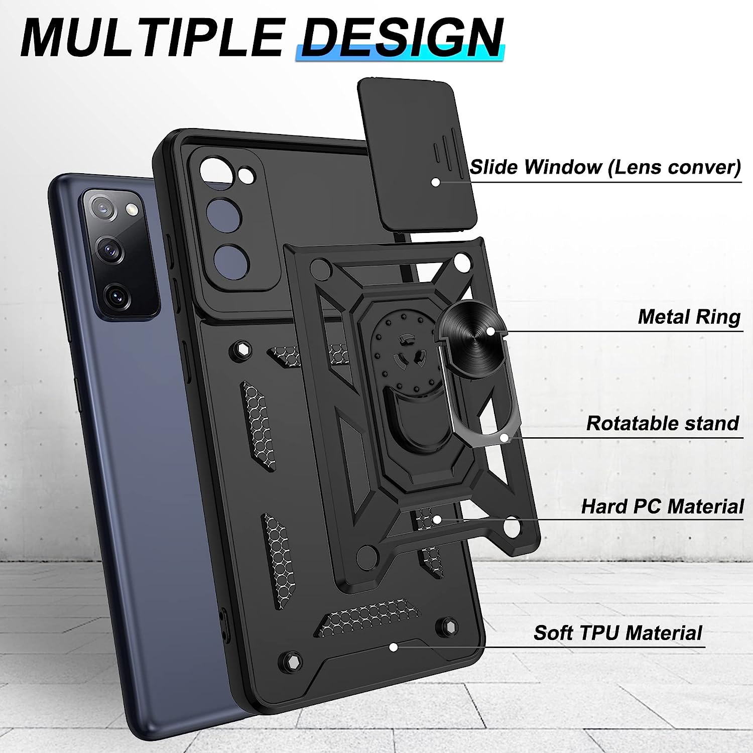 Husa telefon compatibila cu Samsung Galaxy S20 FE / S20 FE 5G, protectie camera Slide and Snap Soft Premium, Magnetic Ring Holder, PopGrip, Anti-Shock, Rugged Protection, Negru