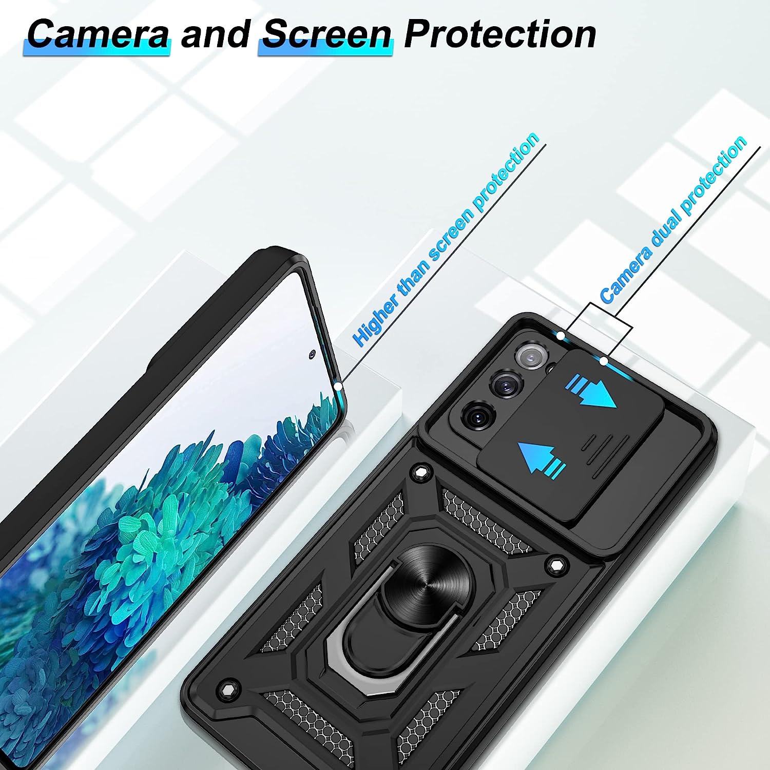 Husa telefon compatibila cu Samsung Galaxy S20 FE / S20 FE 5G, protectie camera Slide and Snap Soft Premium, Magnetic Ring Holder, PopGrip, Anti-Shock, Rugged Protection, Negru