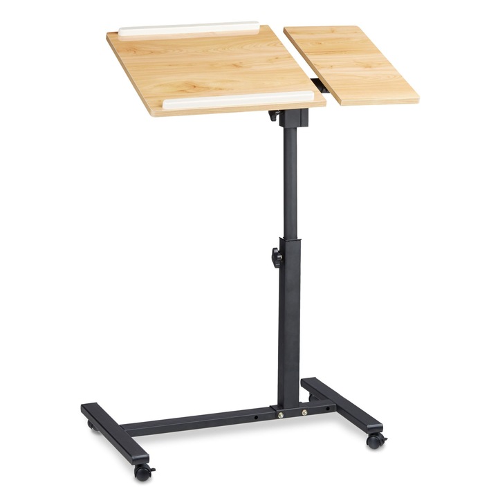 Masa pentru laptop reglabila pe inaltime, cu roti si suport pentru mouse, maro deschis, 95 x 60 x 40 cm