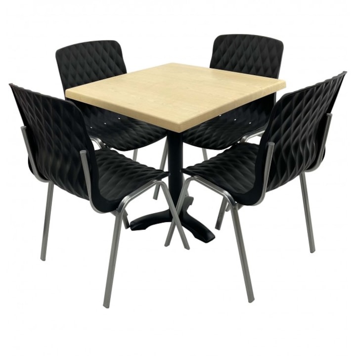 Set mobila de terasa restaurant Raki Maple masa patrata 70x70cm cu blat werzalit si baza metalica negru,4 scaune ROYAL negre