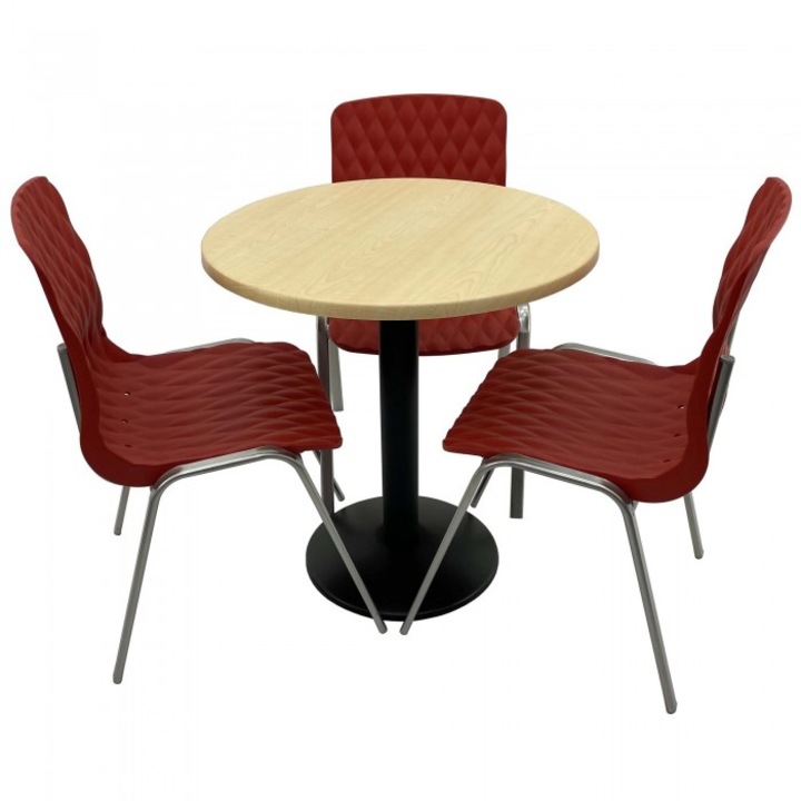 Set mobila de terasa restaurant Raki Maple masa rotunda 70cm cu blat werzalit si baza metalica, negru,3 scaune ROYAL rosii