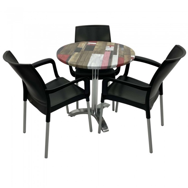 Set 3 scaune SUNSET negru cu masa rotunda 70cm Raki Redden Wood blat werzalit si picior aluminiu