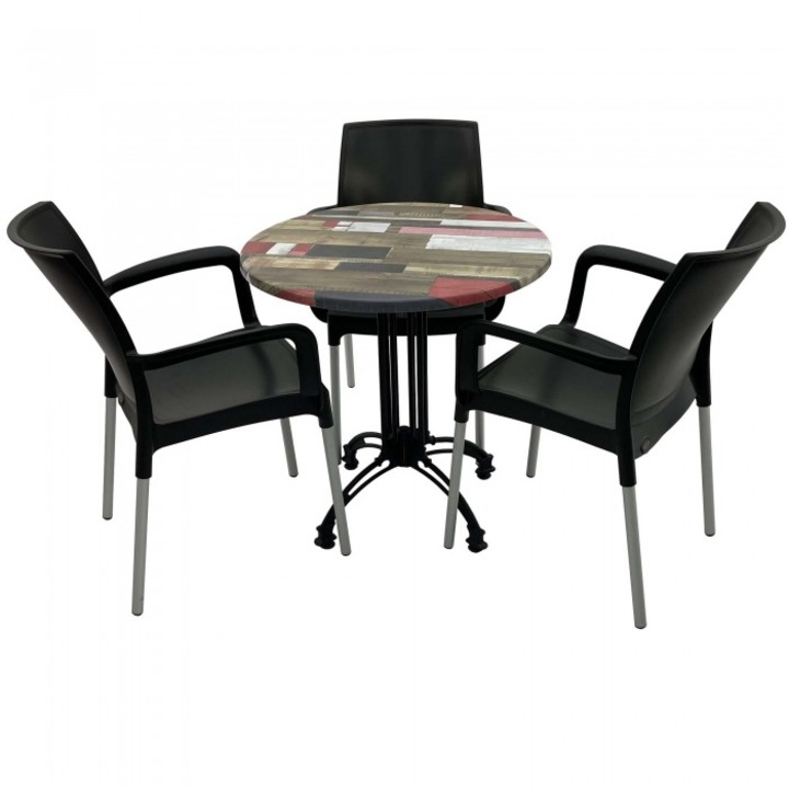 Set 3 scaune SUNSET negru cu masa rotunda 70cm Raki Redden Wood blat werzalit si baza retro culoare negru