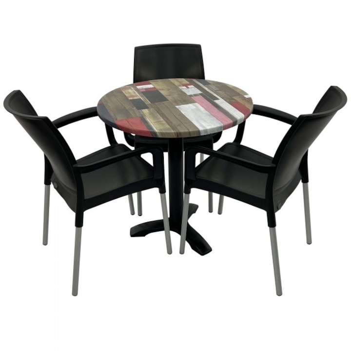 Set 3 scaune SUNSET negru cu masa rotunda 70cm Raki Redden Wood blat werzalit si picior metalic culoare negru