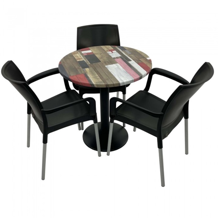 Set 3 scaune SUNSET negru cu masa rotunda 70cm Raki Redden Wood blat werzalit si baza metalica, negru