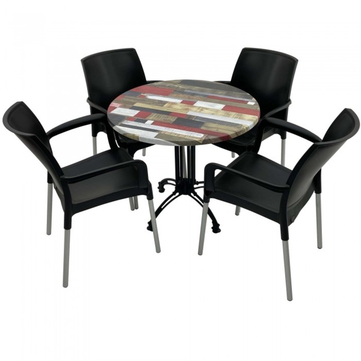 Set 4 scaune SUNSET negru cu masa rotunda 80cm Raki Redden Wood blat werzalit si baza retro culoare negru
