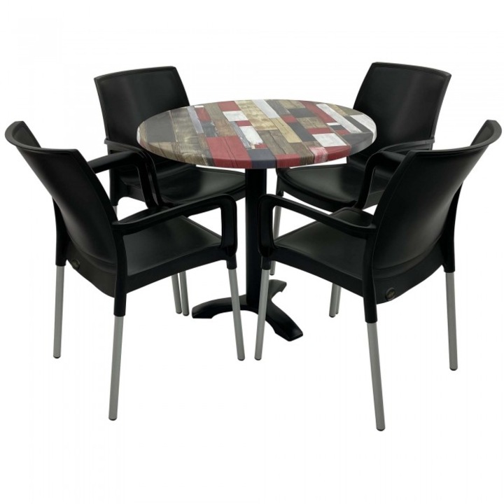 Set 4 scaune SUNSET negru cu masa rotunda 80cm Raki Redden Wood blat werzalit si picior metalic culoare negru