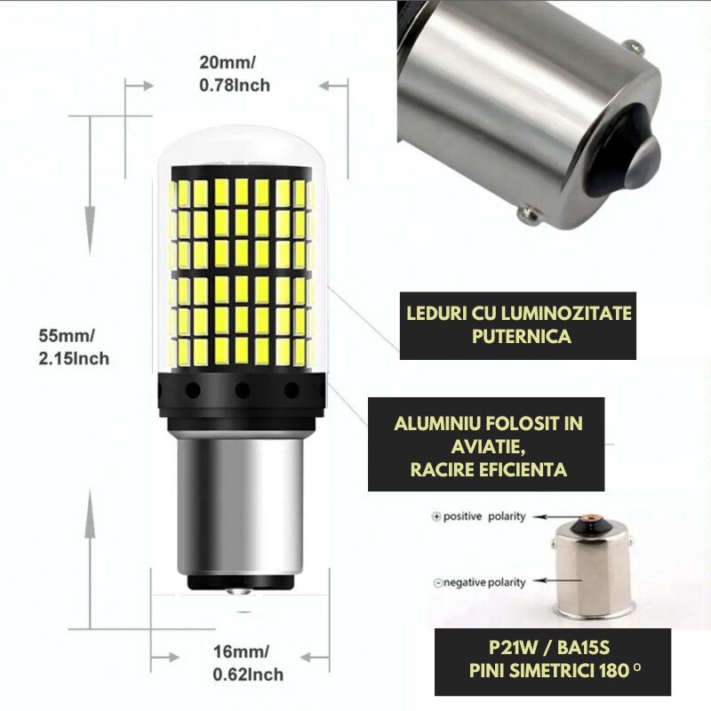 Set 2 Becuri Led, LOONATIQ, P21W, Marsarier, Canbus, Fara eroare, non  polar, soclu BA15S, 1156, Lumina alba 6500K, Soclu universal 