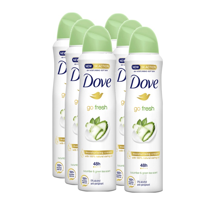 Комплект от 6 бр. Dove Go Fresh Antiperspirant Cucumber & Green Tea, 0% алкохол, 48h защита, 150 ml
