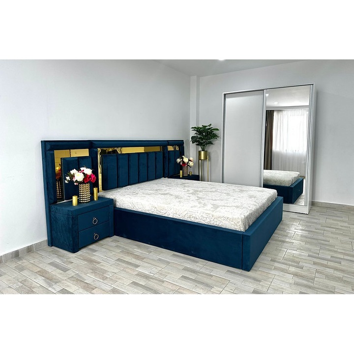 Set dormitor Napoli, Pat 160x200cm, Dulap Cu Usi Glisante 150x205cm, Culoare Albastru/Alb
