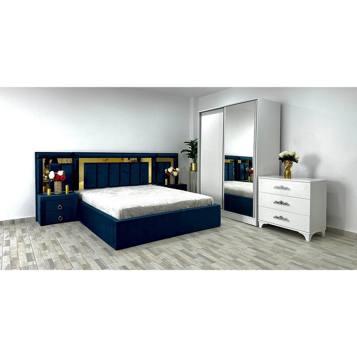 Set dormitor Napoli cu comoda, Pat 160x200cm, Dulap Cu Usi Glisante 150x205cm, Culoare Albastru/Alb