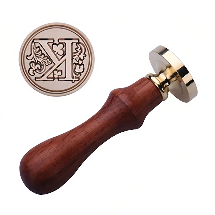 Stampila retro de ceara de sigilare, pentru invitatie botez nunta si altele, Cupru, Litera K, Auriu