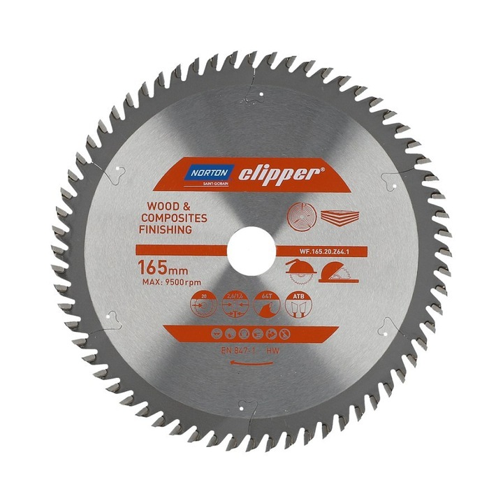 Ferastrau circular Norton 165 mm X 20 mm X 64Z lemn si compozite Atb (2,6 / 1,6)