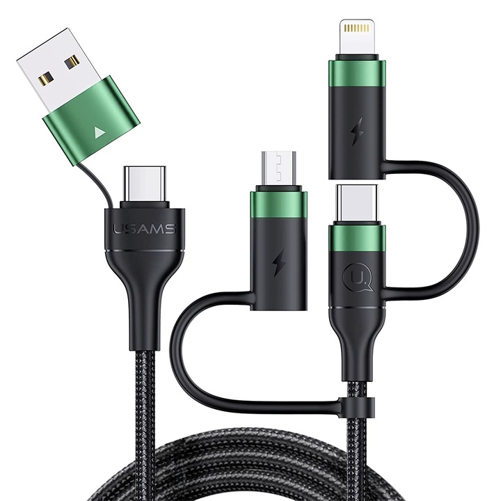 Cablu Date si Incarcare Rapida Usams, 5 in 1, QC 3.0, 60W, USB, Type-C, Lighting, Macro-USB 1.2m, Compatibil iPhone, Samsung, Huawei, Verde