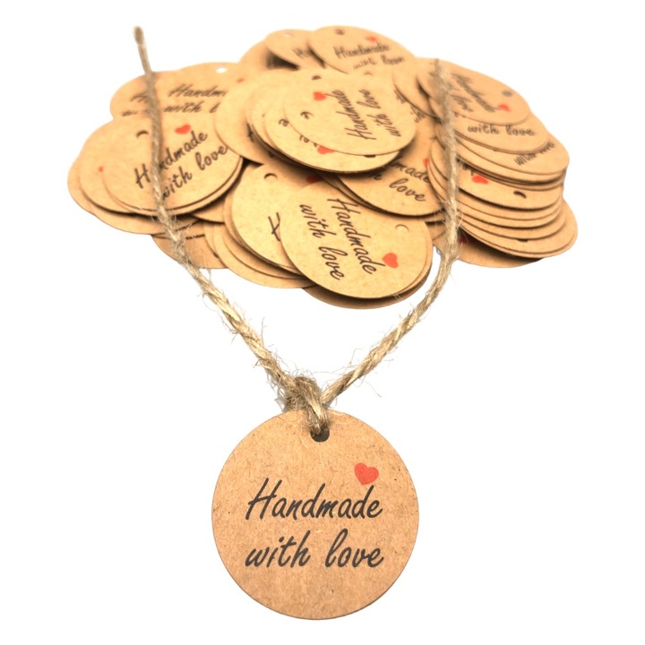 Комплект от 100 модела етикети "Handmade with Love", кръгли крафт, хартия, Createur, 3см