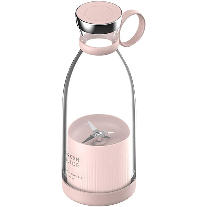 Mini Blender Electric, VeBor, Incarcare Wireless, Portabil/Compact, Multifunctional, Auto-curatare, Autonomie Mare, Capacitate 350ml, 4 Lame 3D, Putere 20.000 rpm, Love Pink