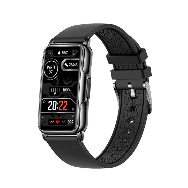 Ceas Smartwatch, 1.47 inch Ultra Touch, Functii monitorizare Sanatate, Apel Bluetooth, Moduri sportive, Impermeabil IP68, Baterie de 180 mAh, Curea Silicon, Otel/Aur Rose de 18K, Vaxiuja, Negru