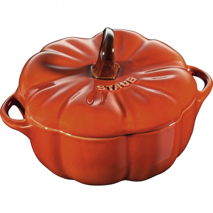 Mini Cocotte Staub, forma de dovleac, ceramica, 500 ml, portocalie, 12.2x10.5x16cm