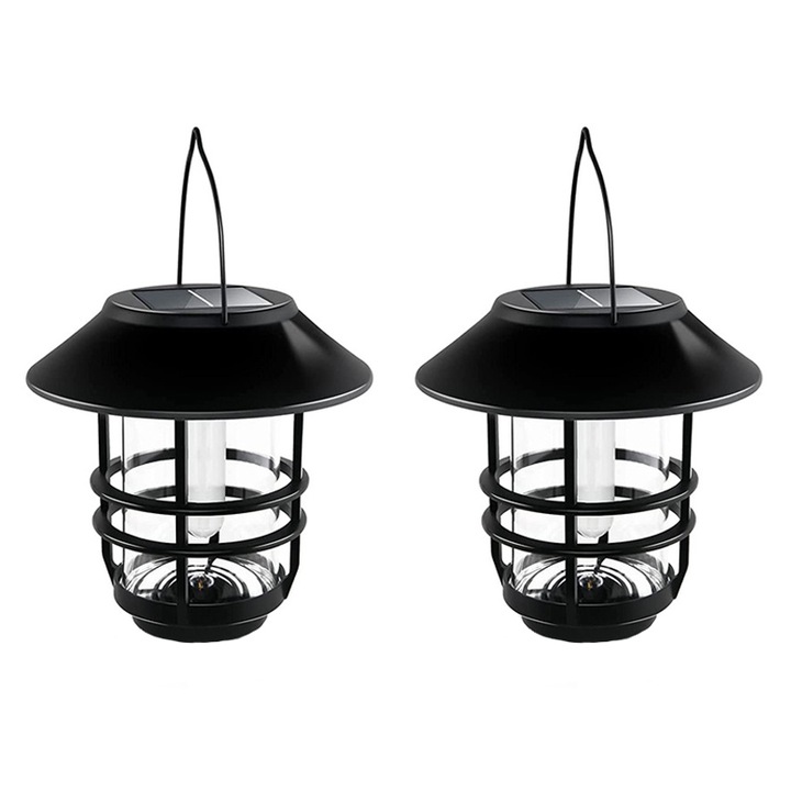 Set 2 Lampa cu incarcare solara tip felinar, YWX, 15 x 15 x 17 cm, Sticla si Metal, IP65, Iluminare continua 6-12 h, Pentru exterior, curte, terasa si gradina, Potrivit pentru veranda, Transparent