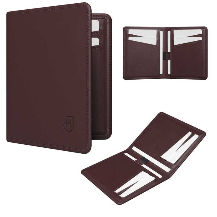 Portofel Pentru Barbati, James Hawk, 11 x 8 x 1.3 cm, Piele naturala, Logo, Fara inchidere, Protectie RFID, Elegant, Slot Pentru Carte de Credit, Universal, Maro/Maro inchis