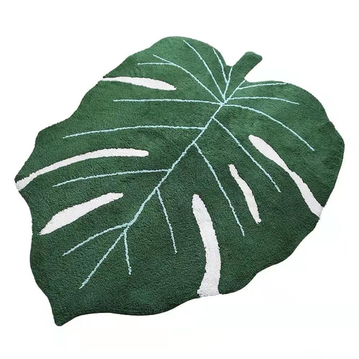 Covoras tip frunza, GelldG, Poliester, 40 x 60 cm, Verde/ Alb