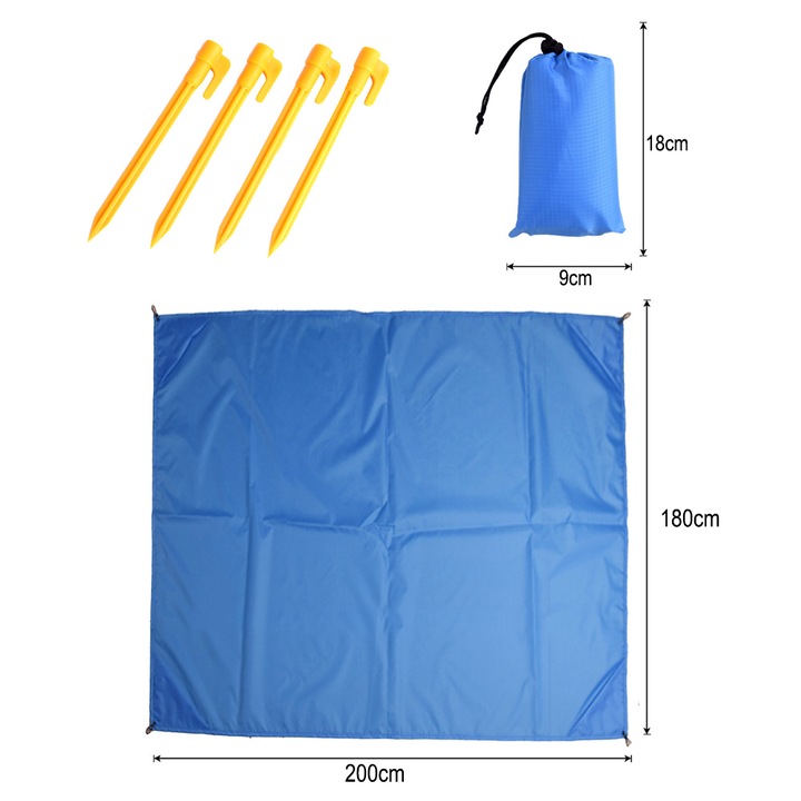 Комплект постелки/4 анкерни пирона/чанта, QttvbTna, Водоустойчив, Полиестер, 1,8 mx 2 m, Син