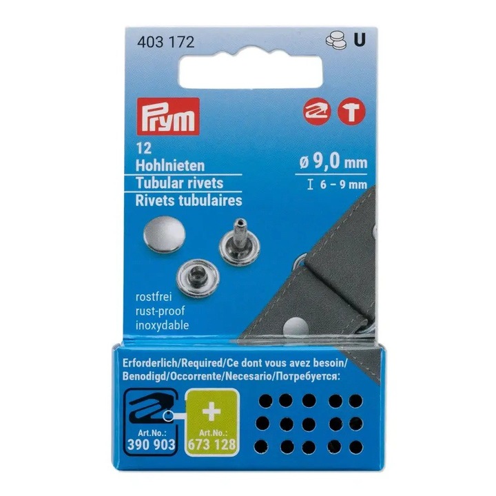 Riveti tubulari, 9 mm diametru, 6-9 mm lungime, argintii, 12 bucati, Prym