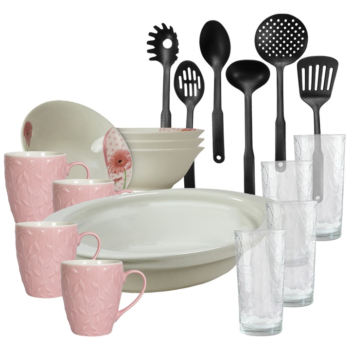 Serviciu de masa, 4 persoane, 19 piese, cana roz 370 ml, bol, tava termo, ustensile bucatarie, pahare sticla, Portelan decorat cu Margareta