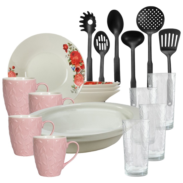 Serviciu de masa, 4 persoane, 19 piese, cana roz 370 ml, farfurie adanca, tava termo, ustensile bucatarie, pahare sticla, Portelan decorat cu Trandafiri rosii