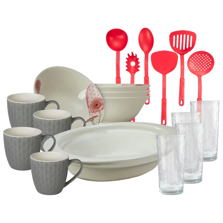 Set de masa, 4 persoane, 19 piese, cana 200 ml, bol, tava termo, ustensile bucatarie, pahare sticla, Portelan decorat cu Margareta
