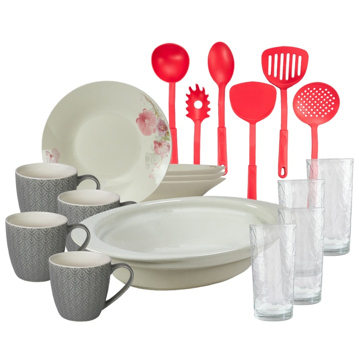 Set de masa, 4 persoane, 19 piese, cana 200 ml, farfurie adanca, tava termo, ustensile bucatarie, pahare sticla, Portelan decorat cu Orhidee