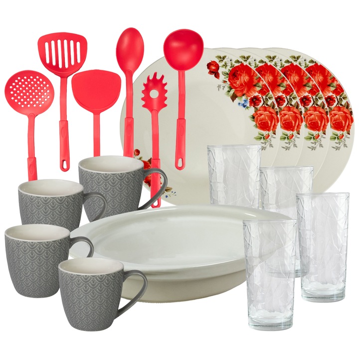 Set de masa, 4 persoane, 19 piese, cana 200 ml, farfurie intinsa, tava termo, ustensile bucatarie, pahare sticla, Portelan decorat cu Trandafiri rosii