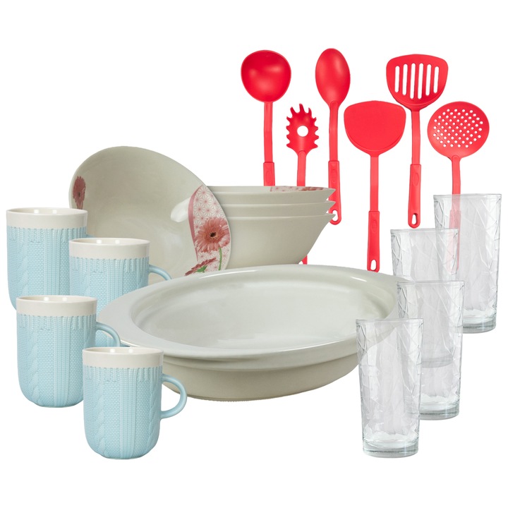 Serviciu de masa, 4 persoane, 19 piese, cana 320 ml, bol, tava termo, ustensile bucatarie, pahare sticla, Portelan decorat cu Margareta