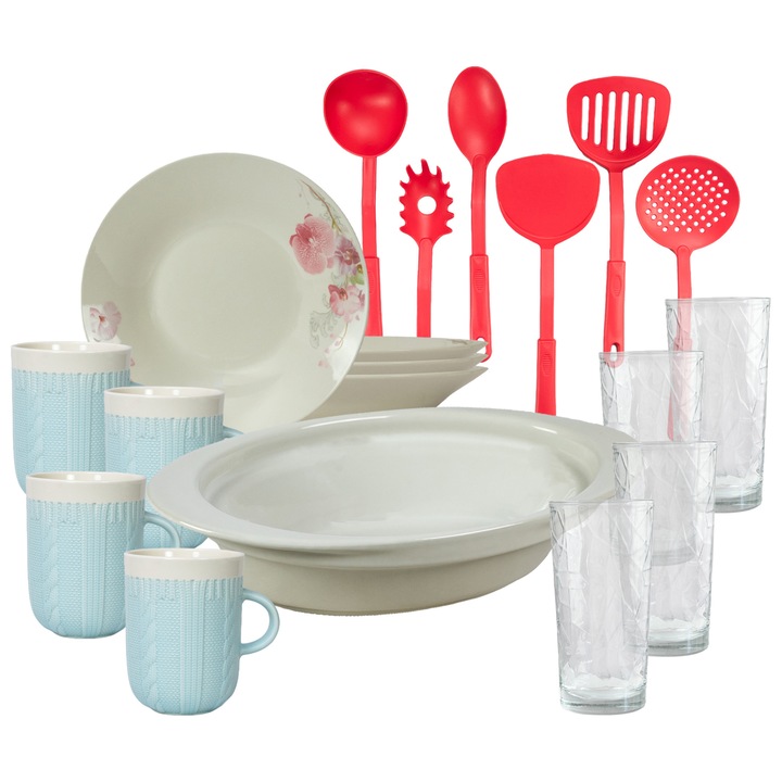 Serviciu de masa, 4 persoane, 19 piese, cana 320 ml, farfurie adanca, tava termo, ustensile bucatarie, pahare sticla, Portelan decorat cu Orhidee