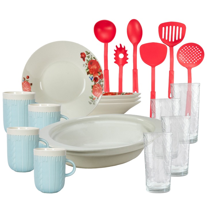 Serviciu de masa, 4 persoane, 19 piese, cana 320 ml, farfurie adanca, tava termo, ustensile bucatarie, pahare sticla, Portelan decorat cu Trandafiri rosii