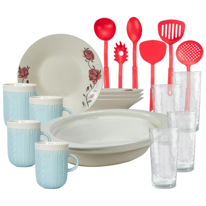 Serviciu de masa, 4 persoane, 19 piese, cana 320 ml, farfurie adanca, tava termo, ustensile bucatarie, pahare sticla, Portelan decorat cu Trandafiri roz