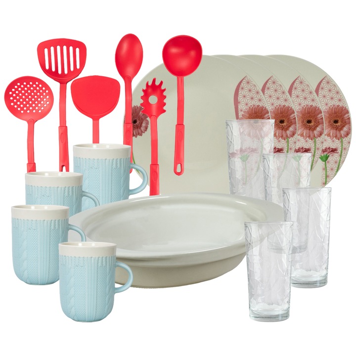 Serviciu de masa, 4 persoane, 19 piese, cana 320 ml, farfurie intinsa, tava termo, ustensile bucatarie, pahare sticla, Portelan decorat cu Margareta