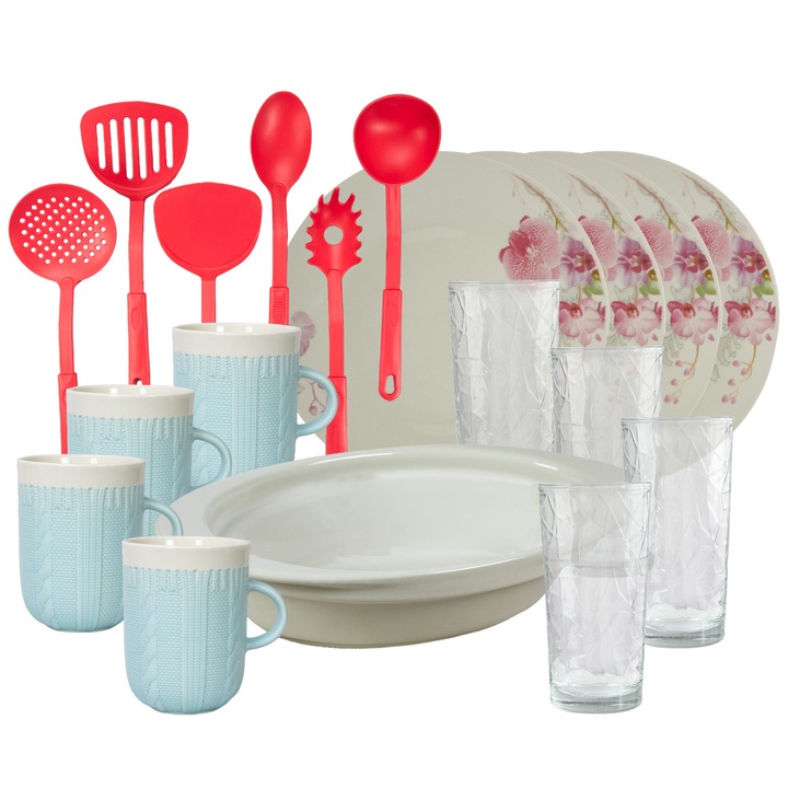 Сервиз за маса, 4 души, 19 части, чаша 320 мл, удължена чиния, термос, кухненски прибори, стъклени чаши, порцелан, декориран с орхидеи