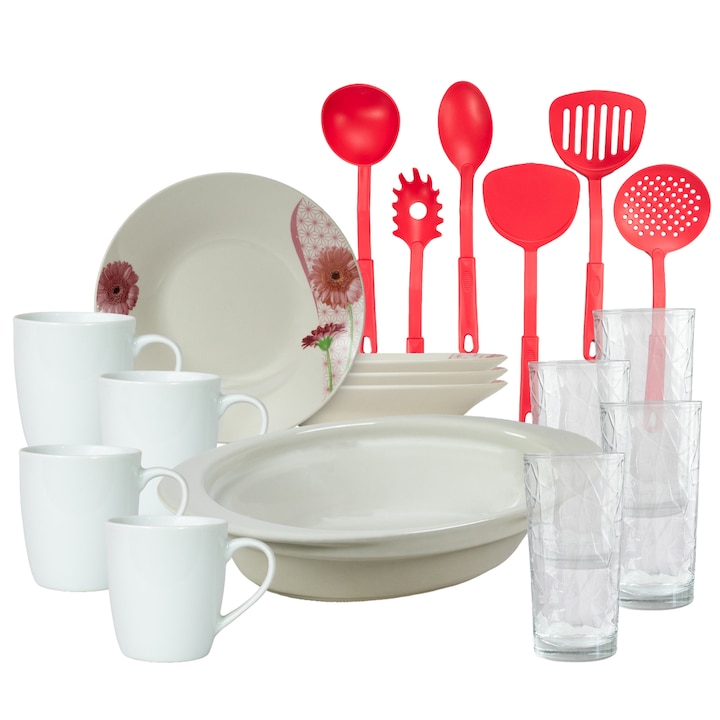 Serviciu de masa, 4 persoane, 19 piese, cana 220 ml, farfurie adanca, tava termorezistenta, ustensile bucatarie, Portelan decorat cu Margareta