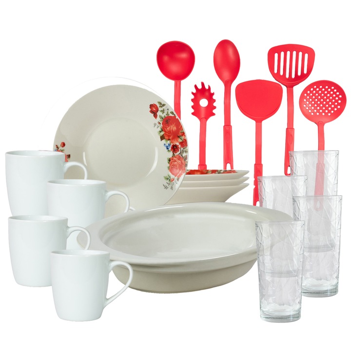 Serviciu de masa, 4 persoane, 19 piese, cana 220 ml, farfurie adanca, tava termorezistenta, ustensile bucatarie, Portelan decorat cu Trandafiri rosii