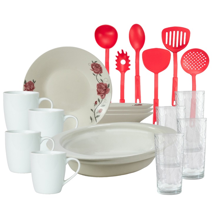 Serviciu de masa, 4 persoane, 19 piese, cana 220 ml, farfurie adanca, tava termorezistenta, ustensile bucatarie, Portelan decorat cu Trandafiri roz