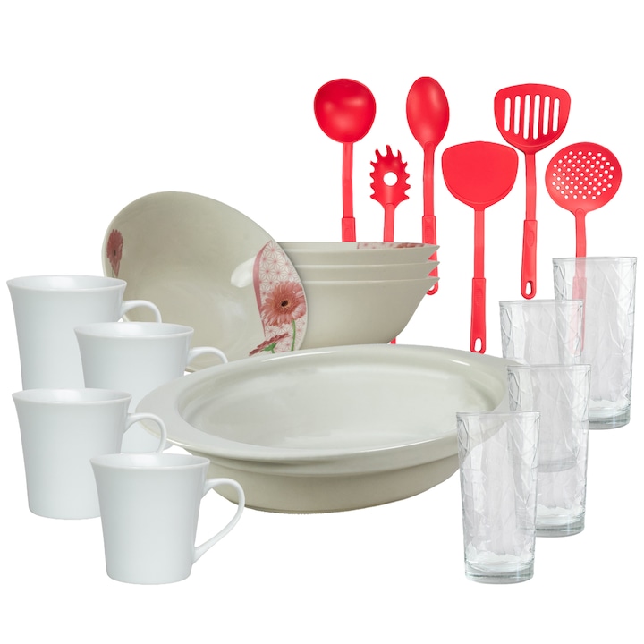 Vesela completa, 4 persoane, 19 piese, cana 200 ml, bol, tava termorezistenta, ustensile bucatarie, Portelan decorat cu Margareta