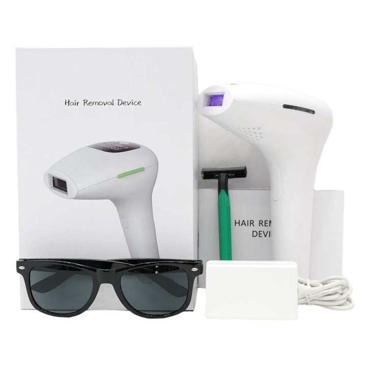 Преносим лазерен епилатор за обезкосмяване, Безболезнена епилация, 5 нива на интензивност, 500 000 импулса, Грижа за вашата кожа, Подходящ за жени и мъже, Може да се използва за подмишници, крака, ръце, лице и слабини, Бял