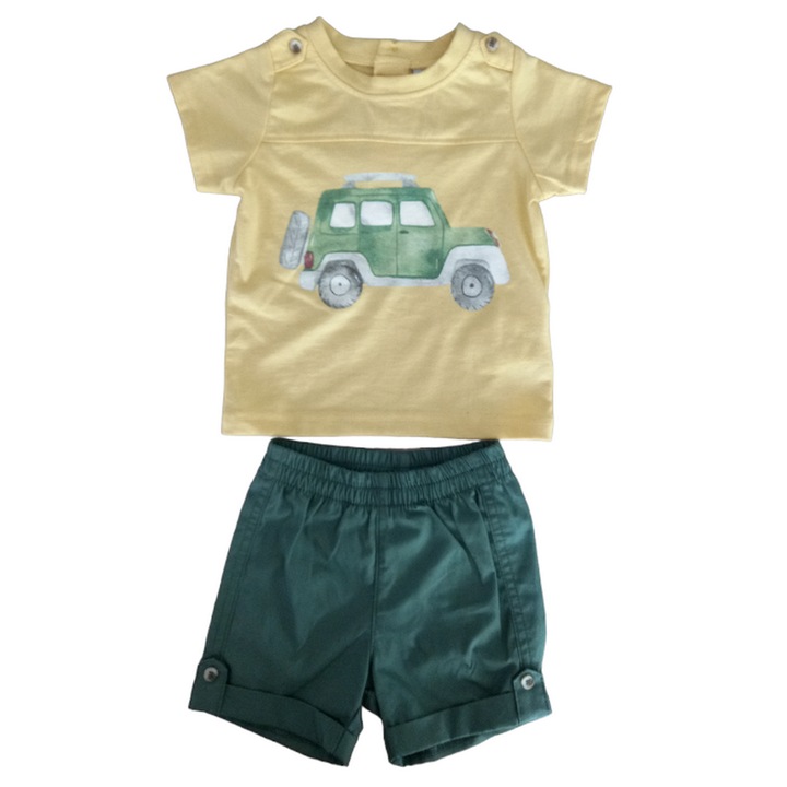 Set 2 piese pentru copii, tricou cu pantaloni scurti, galben-kaki, 3 luni